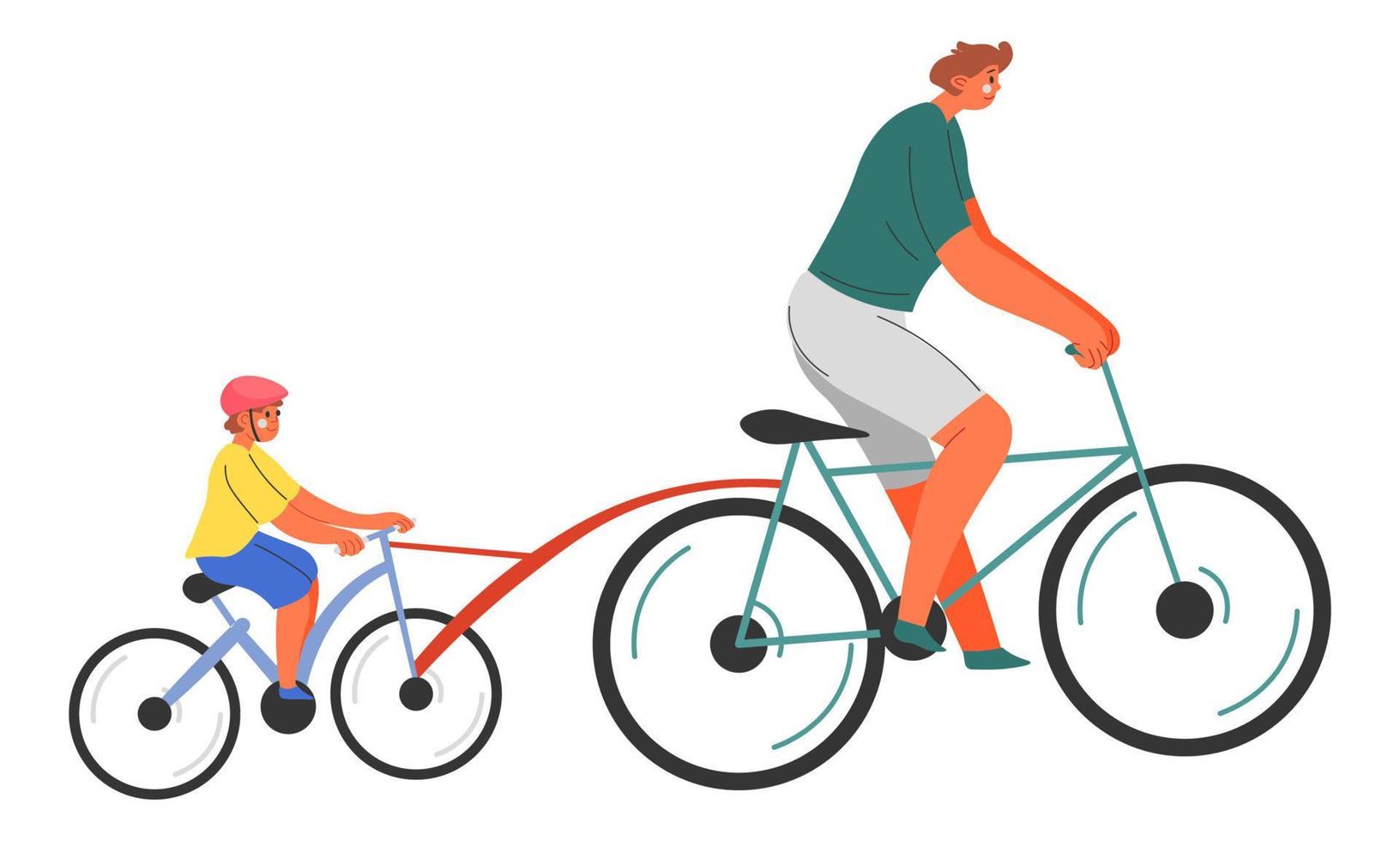 papà e ragazzo equitazione bicicletta, padre insegnamento bambino vettore