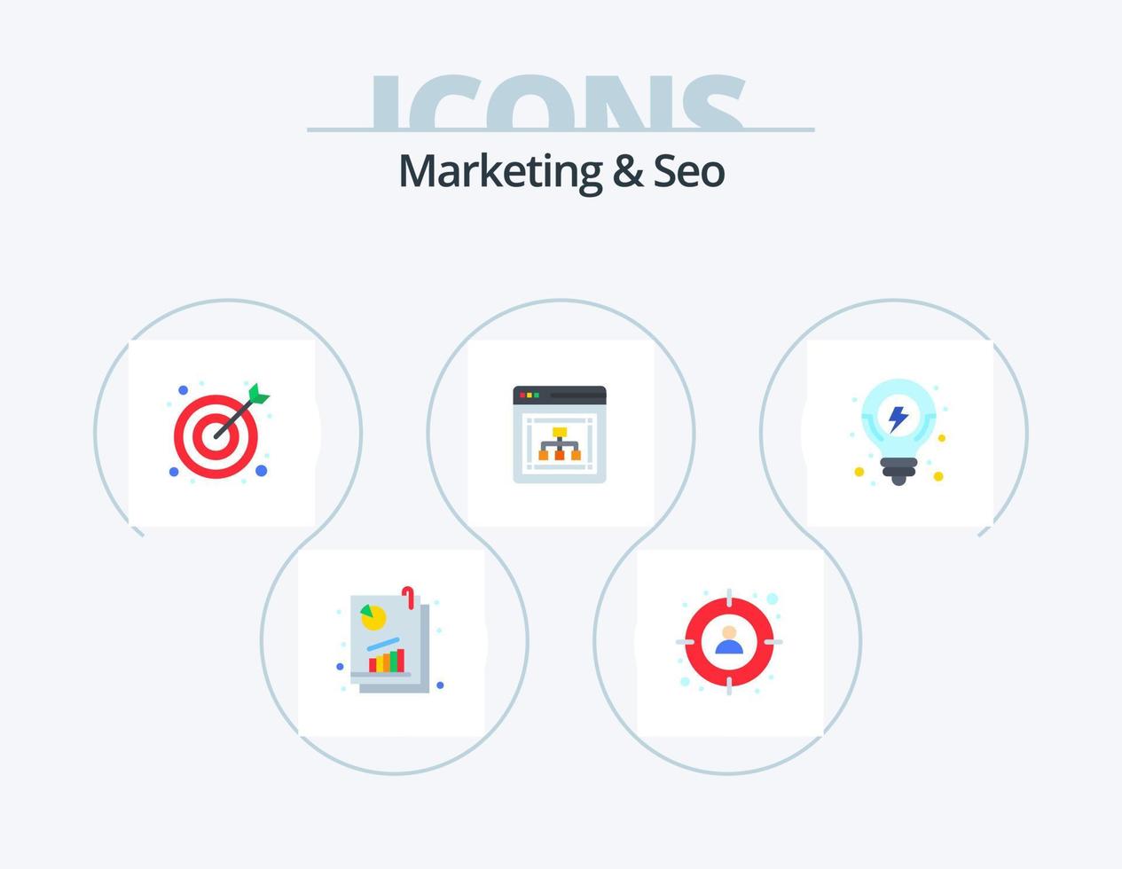 marketing e SEO piatto icona imballare 5 icona design. seo. server. obbiettivo. ragnatela. marketing vettore