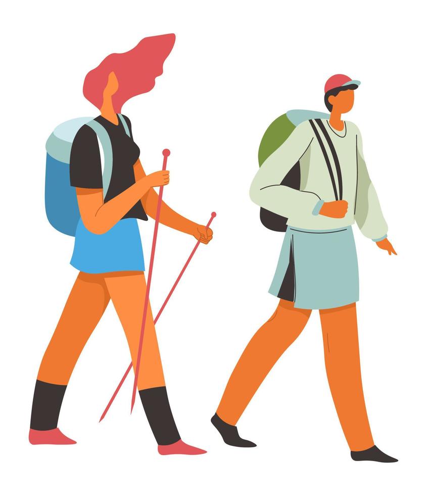 persone trekking, escursioni a piedi uomo e donna in viaggio vettore
