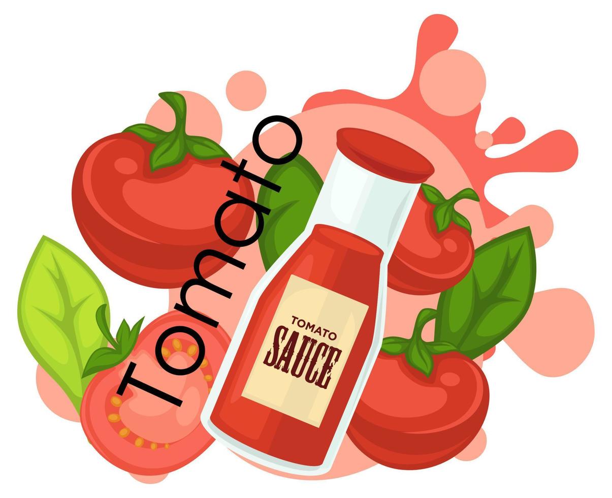 pomodoro salsa nel bottiglia, veggie e basilico gusto vettore