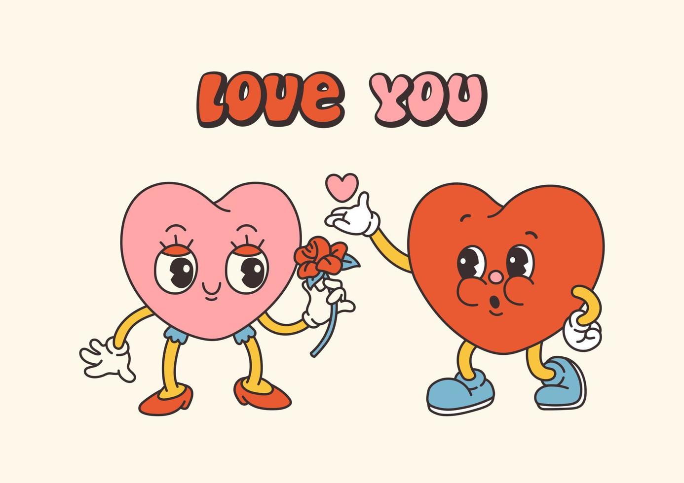 retrò Groovy San Valentino giorno personaggi con slogan di amore. di moda 70s cartone animato stile. carta, cartolina, Stampa vettore