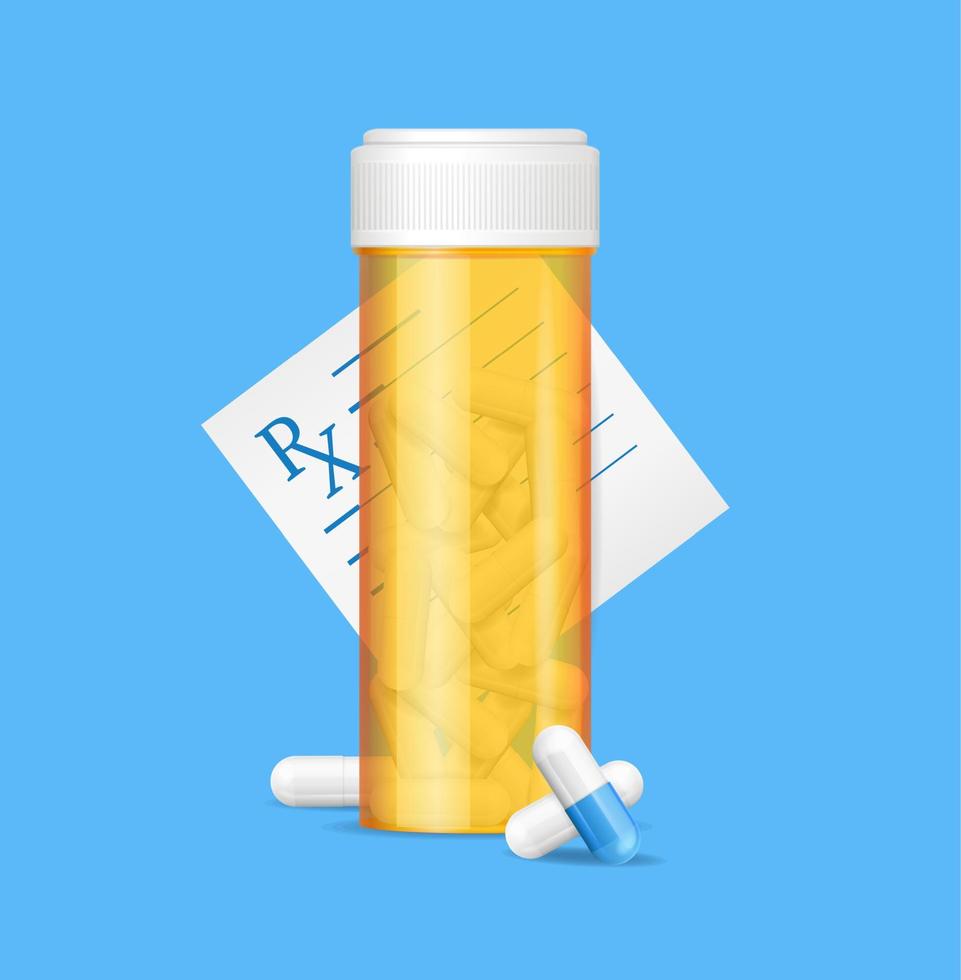 realistico dettagliato 3d pillole bottiglia e prescrizione medico concetto. vettore