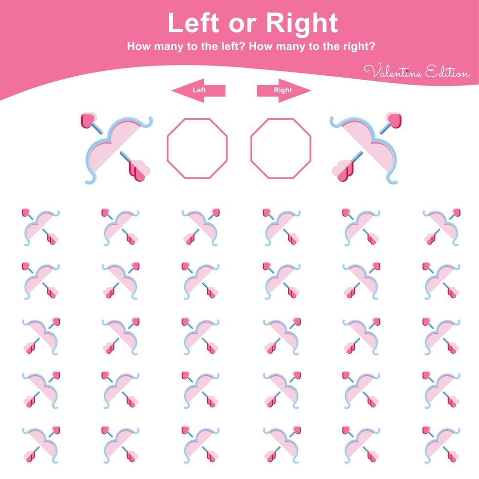 sinistra o giusto gioco per prescolastico bambini. San Valentino foglio di lavoro attività per bambini. formazione scolastica matematica stampabile foglio di lavoro per conteggio Come molti siamo sinistra e Giusto. vettore illustrazione.