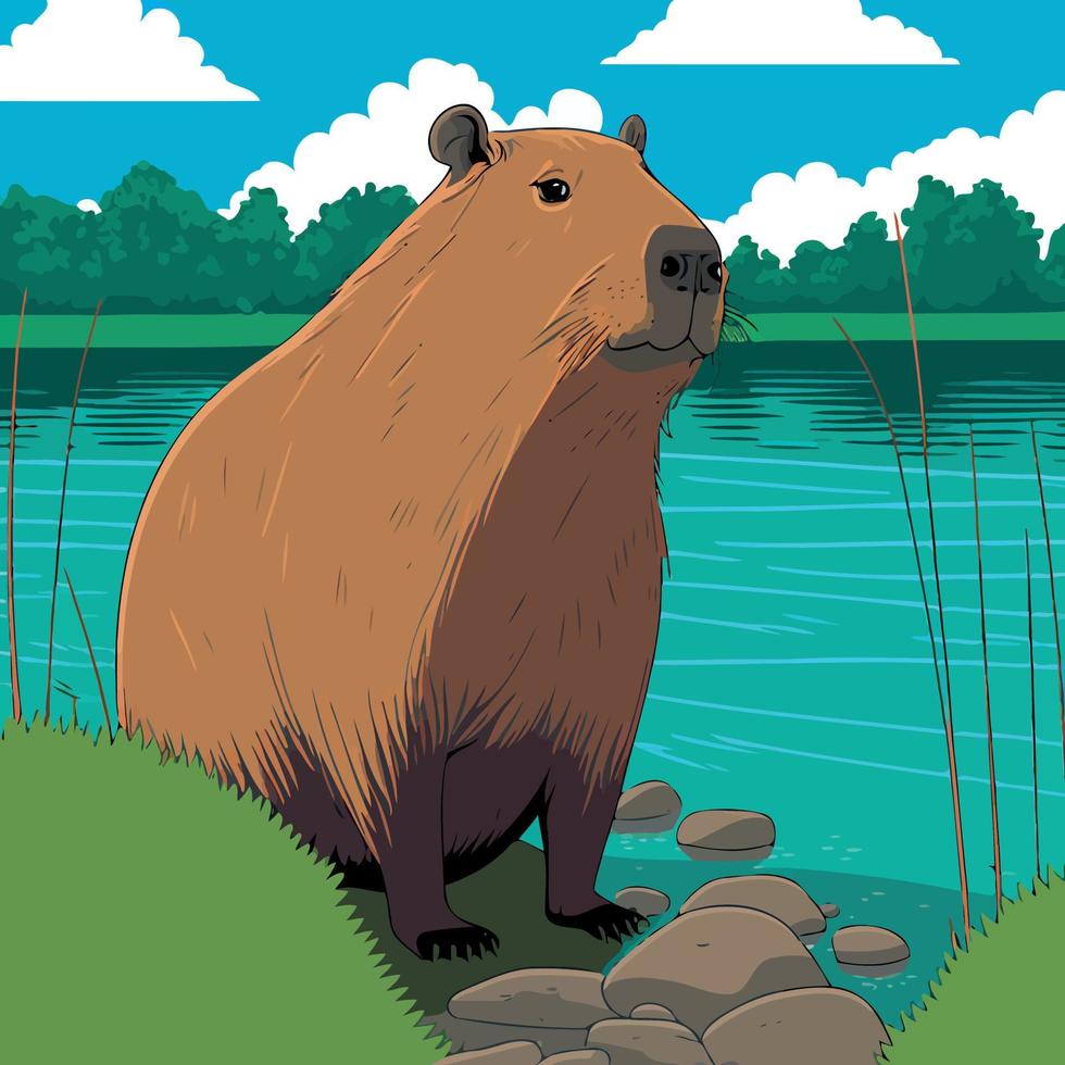 capibara mammifero animale nel natura su il bordo di un' fiume con pietre su il terra vettore
