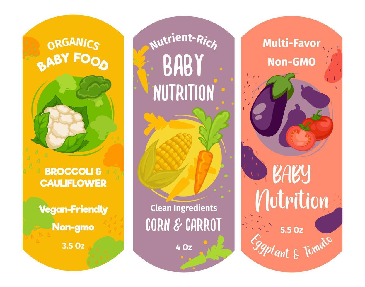 nutriente ricco bambino cibo, Mais e carota etichette vettore