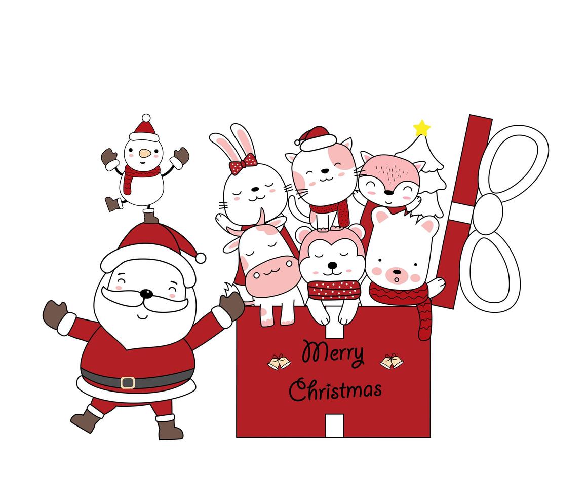auguri di Natale con Babbo Natale e simpatici animali in regalo vettore