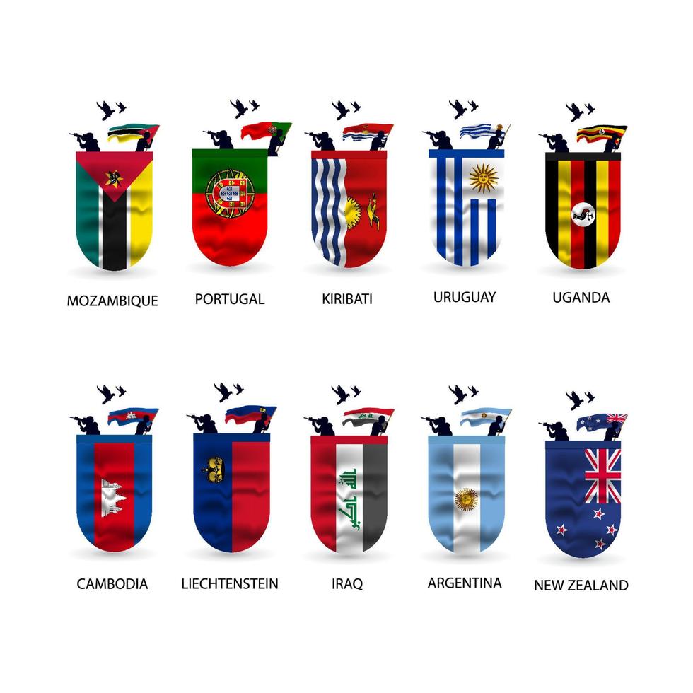 bandiere collezione di mozambico, Portogallo, kiribati, Uruguay, Uganda, Cambogia, Liechtenstein, Iraq, argentina, nuovo Zelanda vettore