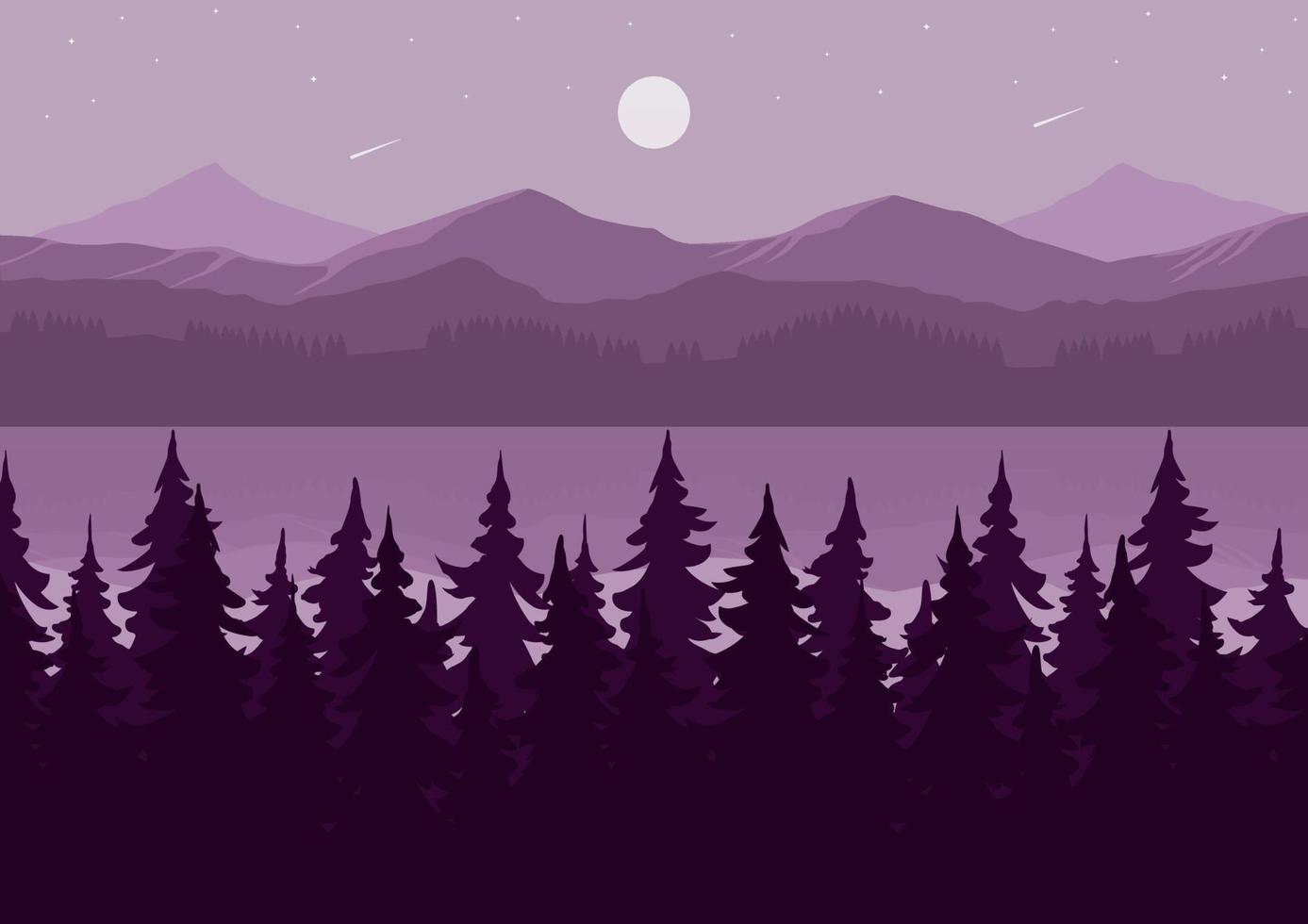 foreste e lago paesaggio vettore illustrazione con viola silhouette a notte
