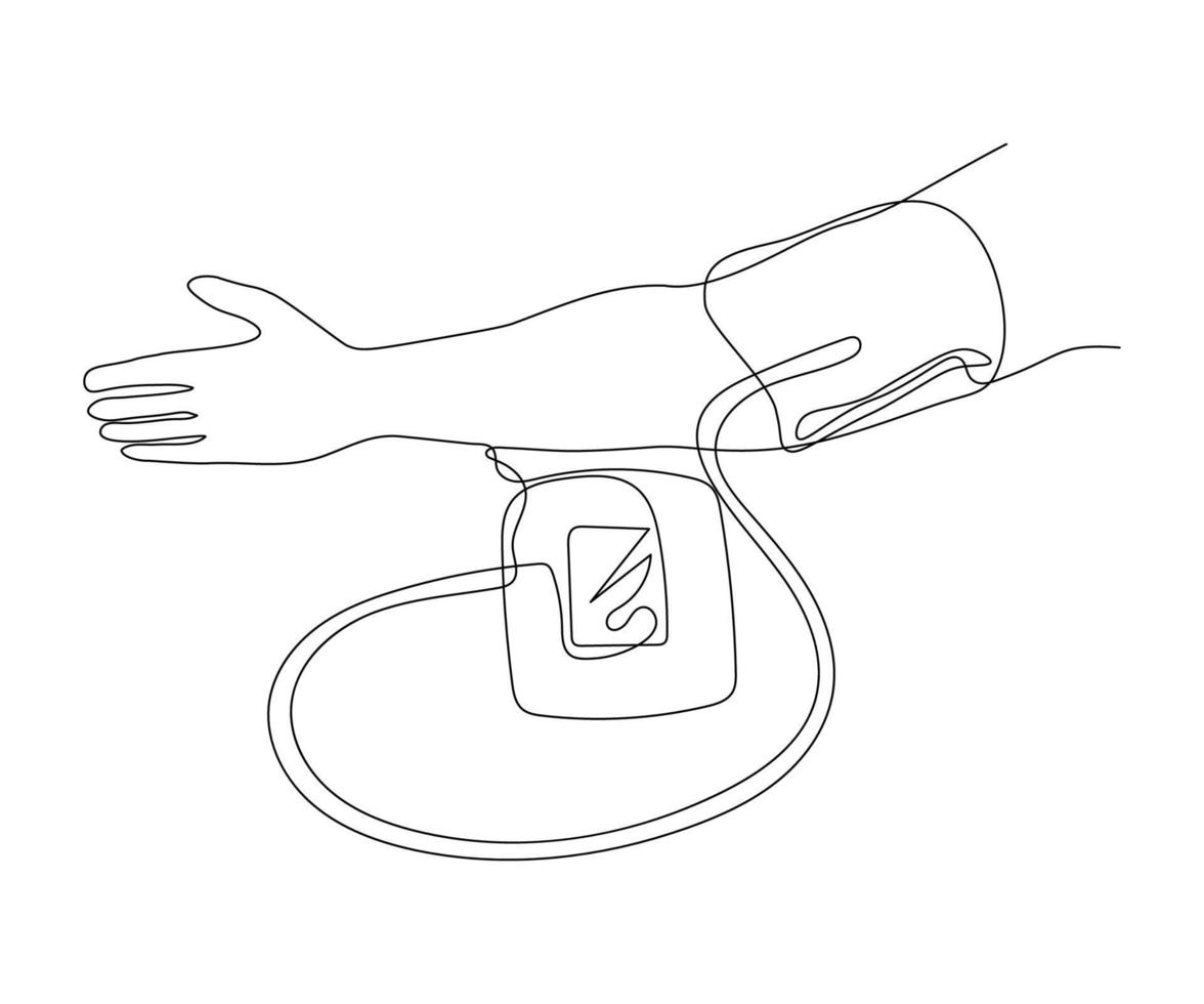 mano con tonometro, sangue pressione misurazione, disegnato a mano, continuo mono linea, uno linea arte, contorno disegno vettore