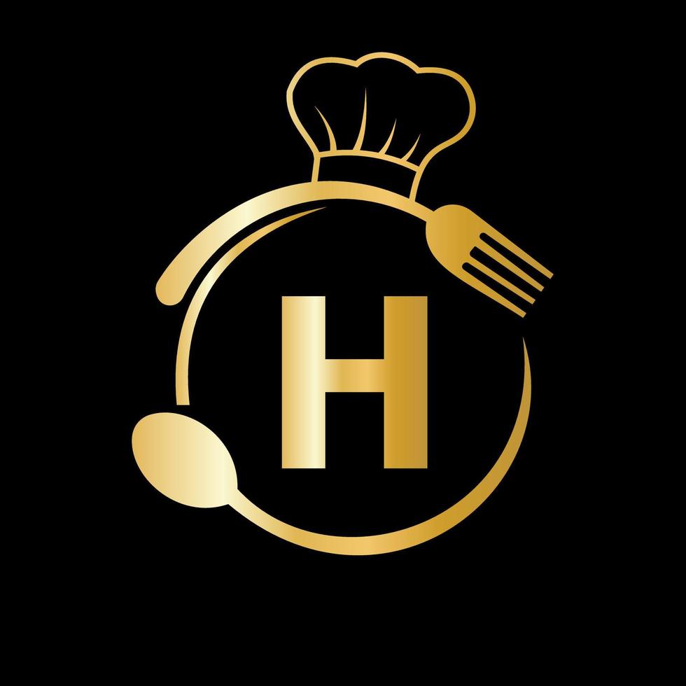 ristorante logo su lettera h con capocuoco cappello, cucchiaio e forchetta simbolo per cucina cartello, bar icona, ristorante, cucinando attività commerciale vettore