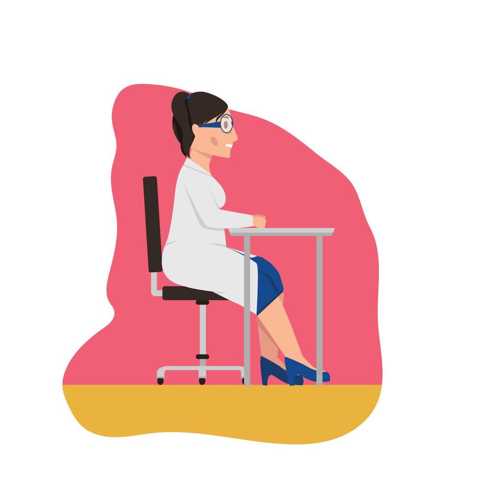 piatto cartone animato personaggio di scienza donna ricercatore sedersi nel il sedia vettore