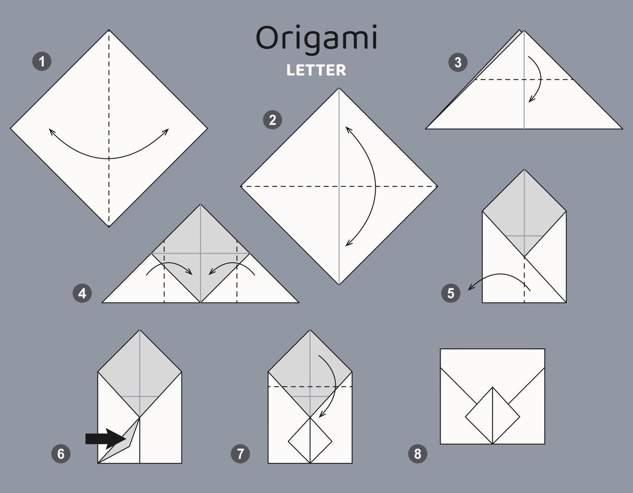 lezione lettera Busta origami schema. isolato origami elementi su grigio sfondo. origami per bambini. passo di passo Come per rendere origami lettera. vettore illustrazione.
