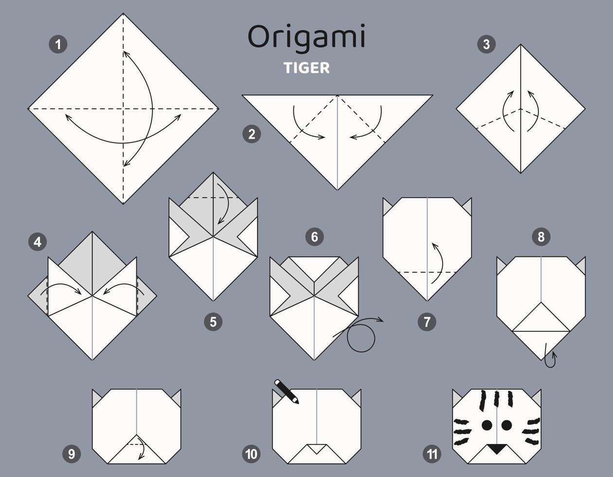 lezione tigre origami schema. isolato origami elementi su grigio sfondo. origami per bambini. passo di passo Come per rendere origami tigre. vettore illustrazione.