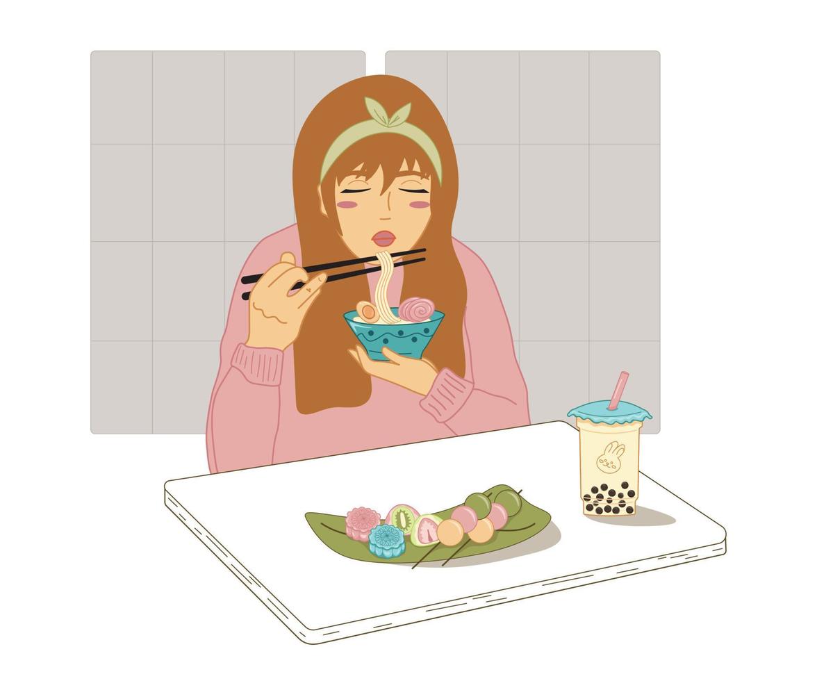 ragazza mangiare ramen tagliatelle, Luna torta, dango, mochi, bolla tè. carino vettore illustrazione con asiatico cibo e donna. ragazza soffiaggio su un' tagliatelle.