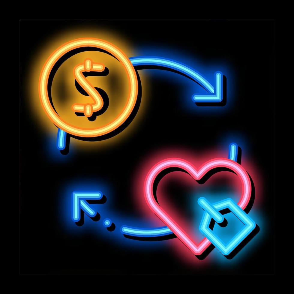 cuore dollaro moneta neon splendore icona illustrazione vettore