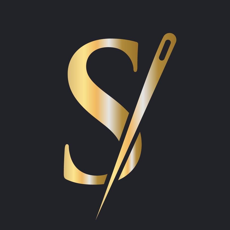 iniziale lettera S sarto logo, ago e filo combinazione per ricamare, tessile, moda, stoffa, tessuto, d'oro colore modello vettore