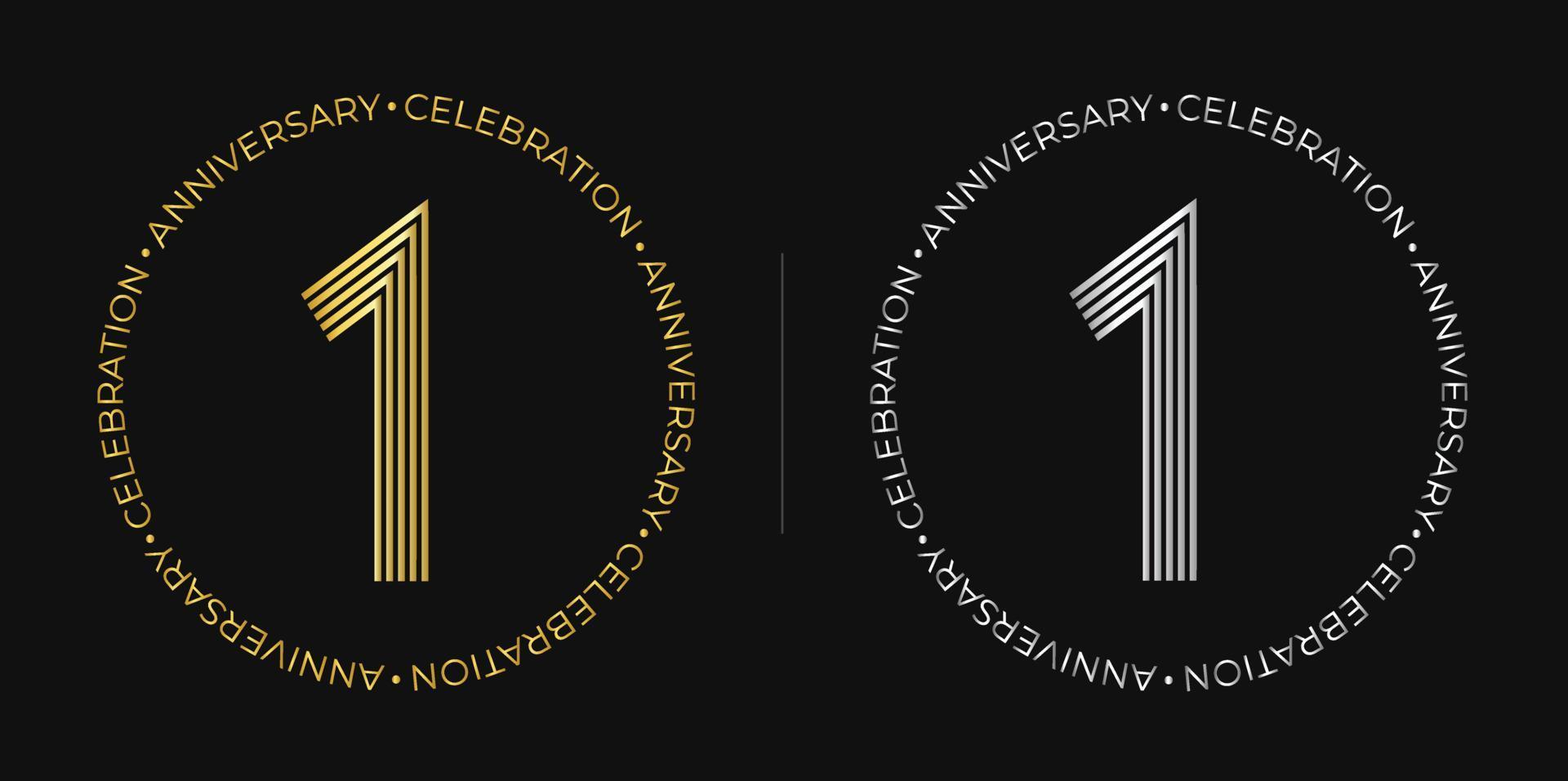 1 ° compleanno. uno anno anniversario celebrazione bandiera nel d'oro e argento colori. circolare logo con originale numero design nel elegante Linee. vettore