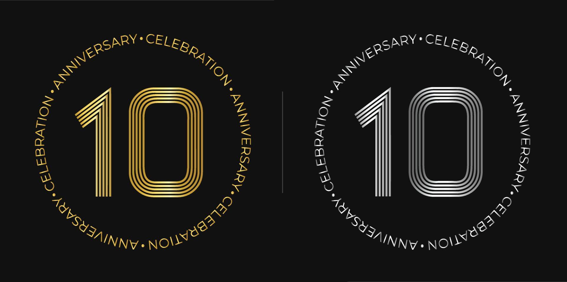 10 ° compleanno. dieci anni anniversario celebrazione bandiera nel d'oro e argento colori. circolare logo con originale numero design nel elegante Linee. vettore