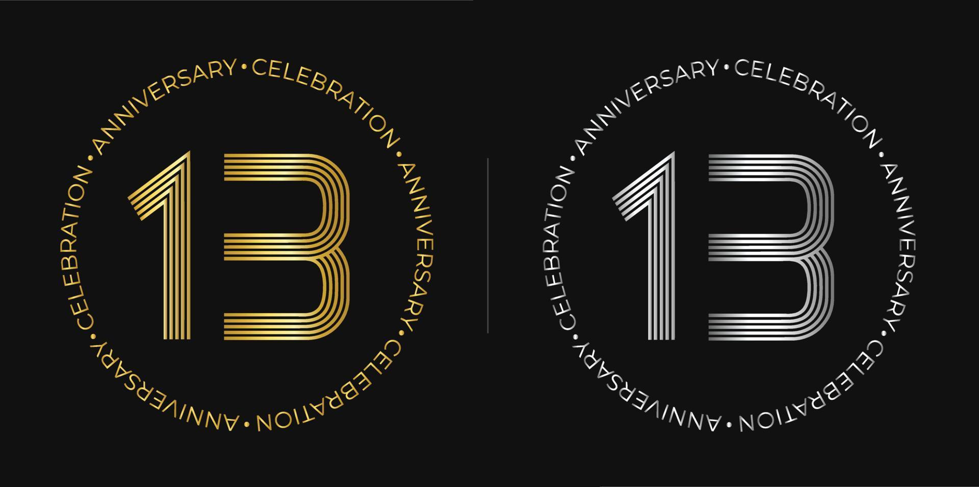 13 ° compleanno. tredici anni anniversario celebrazione bandiera nel d'oro e argento colori. circolare logo con originale numeri design nel elegante Linee. vettore