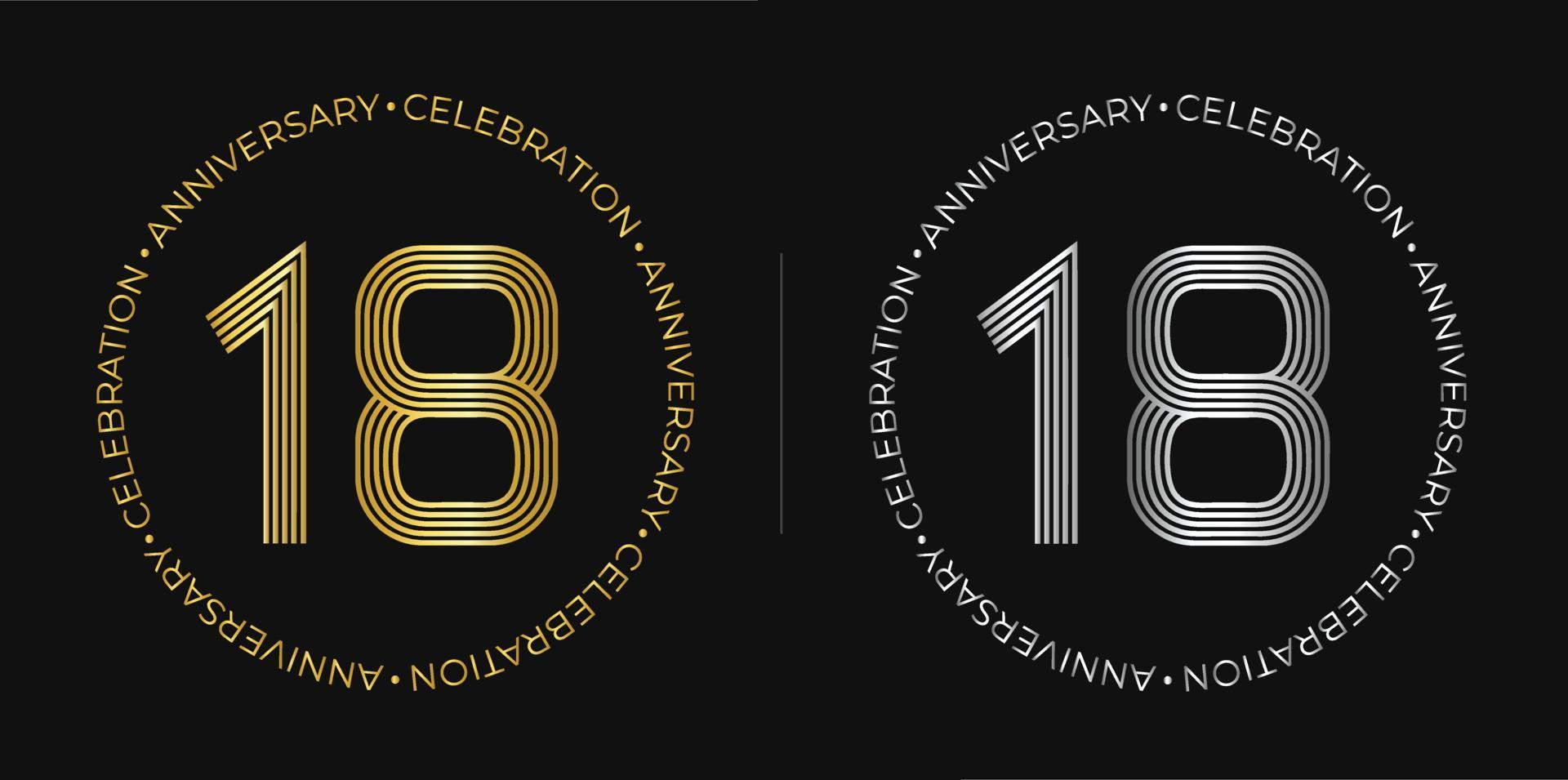 18 ° compleanno. diciotto anni anniversario celebrazione bandiera nel d'oro e argento colori. circolare logo con originale numeri design nel elegante Linee. vettore