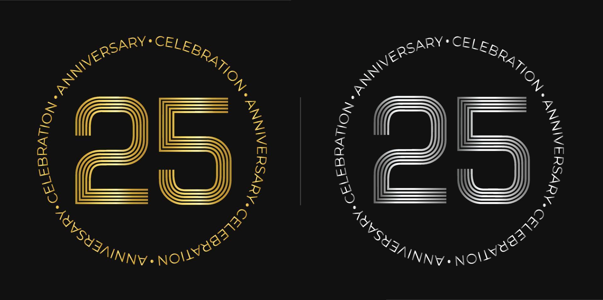 25 compleanno. venticinque anni anniversario celebrazione bandiera nel d'oro e argento colori. circolare logo con originale numeri design nel elegante Linee. vettore