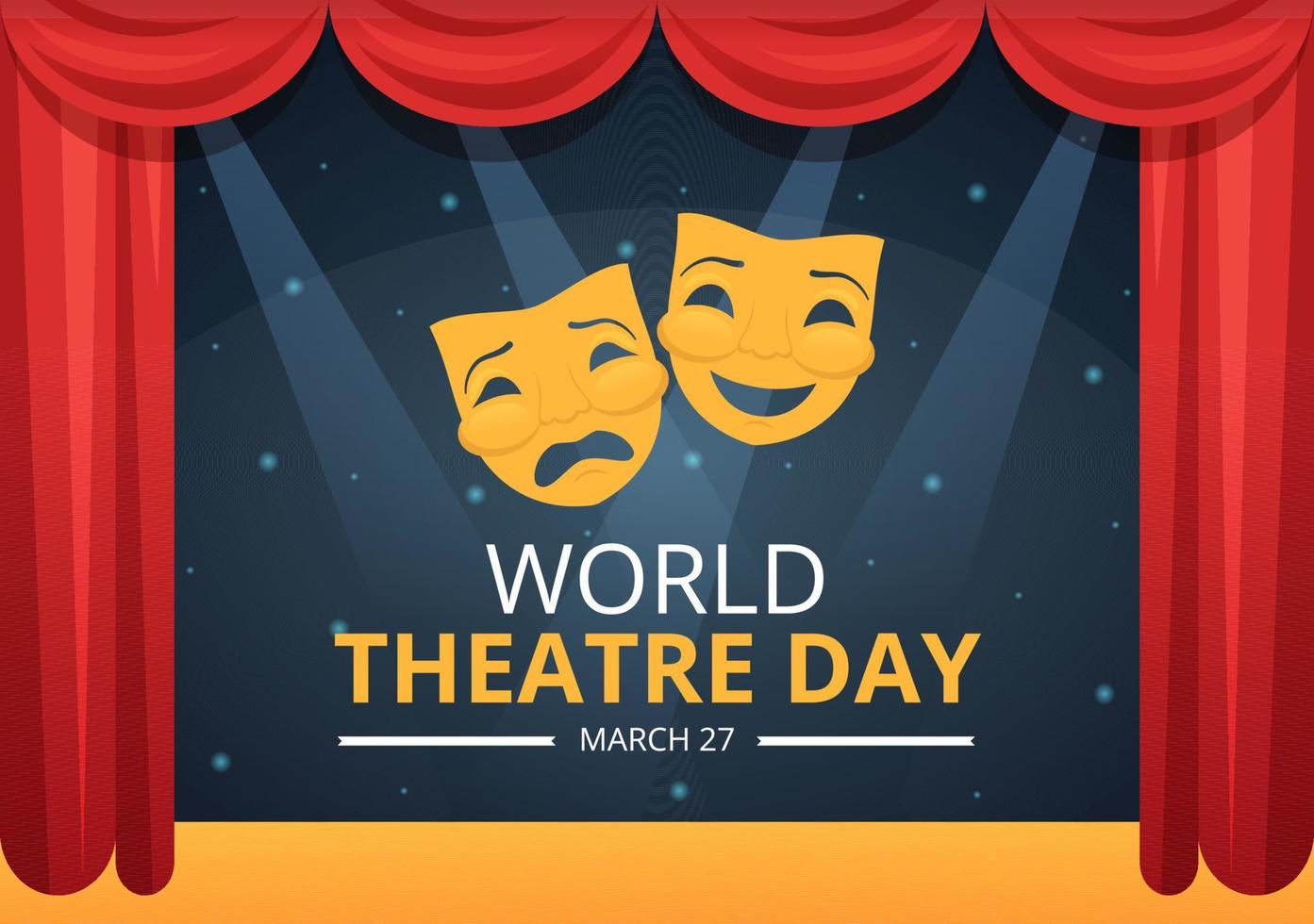 mondo Teatro giorno su marzo 27 illustrazione con maschere e per celebrare Teatro per ragnatela bandiera o atterraggio pagina nel piatto cartone animato mano disegnato modelli vettore