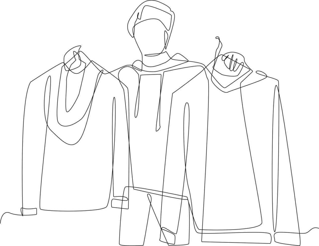 continuo uno linea disegno contento commesso offerta elegante Abiti per cliente. capi di abbigliamento concetto. singolo linea disegnare design vettore grafico illustrazione.