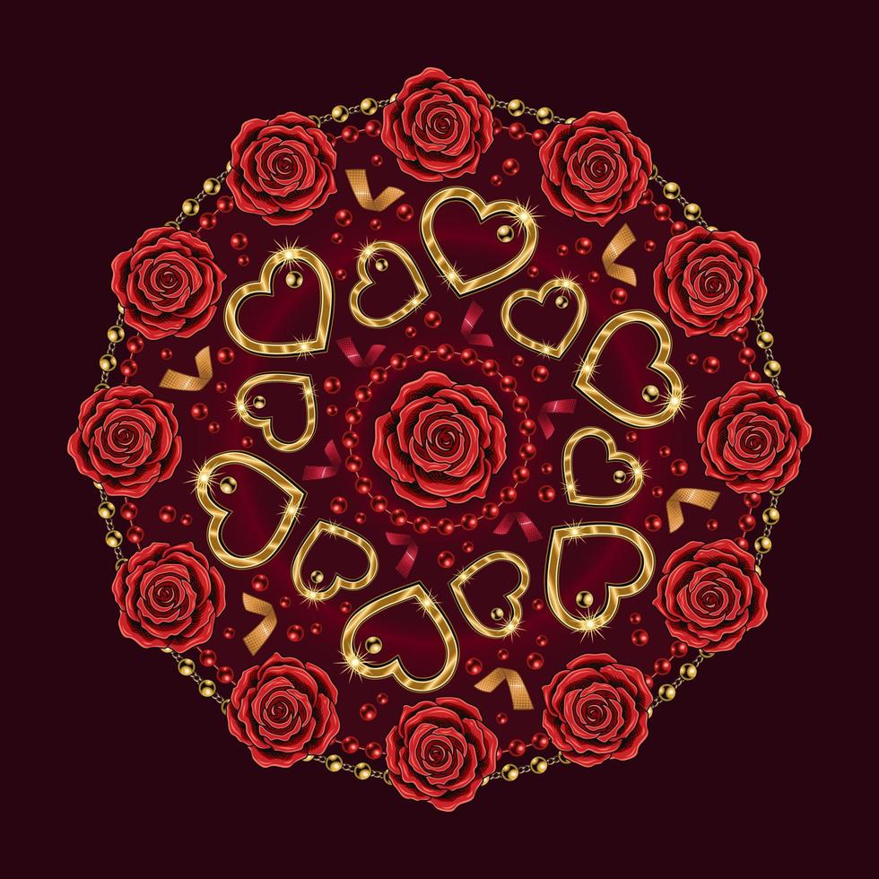 il giro modello con rosso Rose, d'oro cuore, corda di perline. vettore ornamento per nozze, Fidanzamento evento, san valentino giorno, regalo decorazione