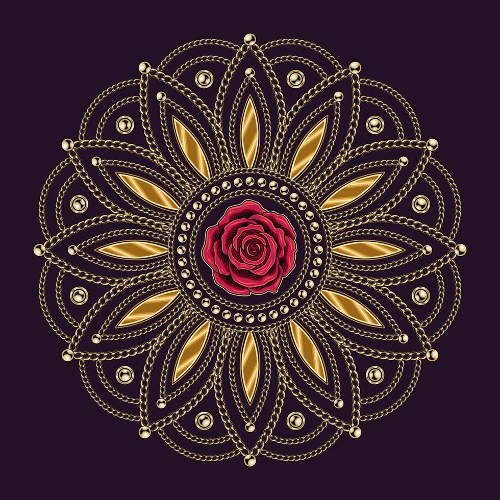 lusso mandala con d'oro Catene, perline, cremisi rosa nel il centro. Arabo islamico est stile. decorativo creativo mandala per Stampa, manifesto, coperchio, opuscolo, volantino, bandiera vettore