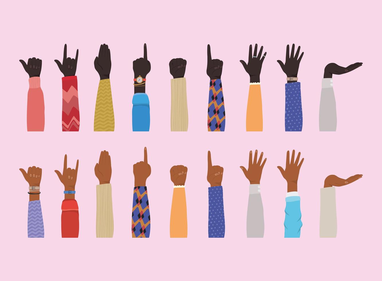 mani in alto di diversi tipi di design di pelli vettore