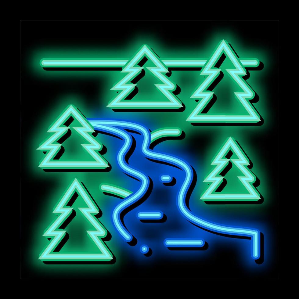 fluente fiume tra foresta neon splendore icona illustrazione vettore