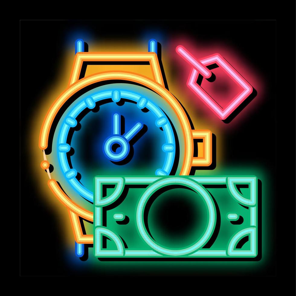 mano al di sopra di orologio da polso per i soldi per banco dei pegni neon splendore icona illustrazione vettore