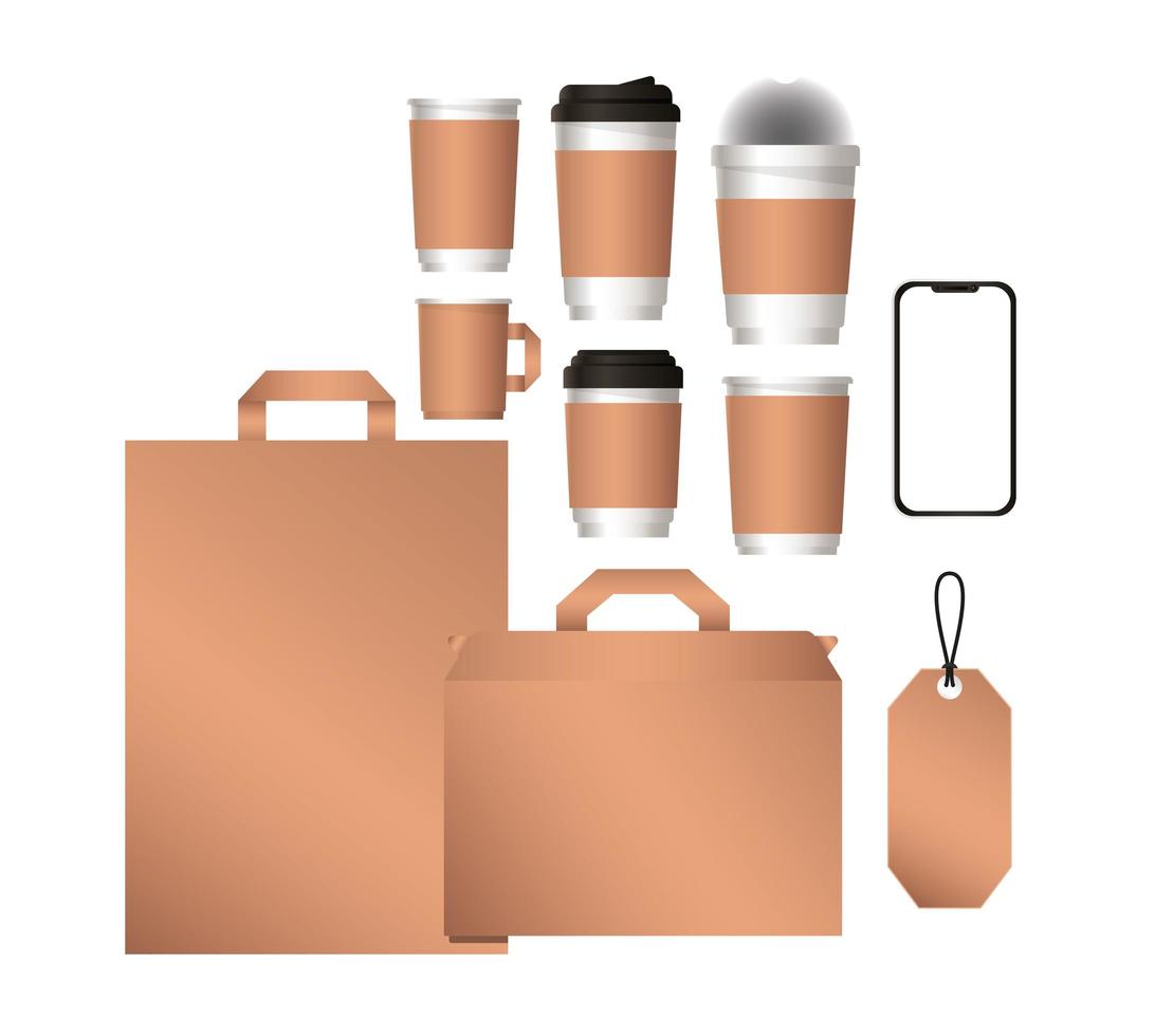 design di borse per smartphone mockup e tazze da caffè vettore