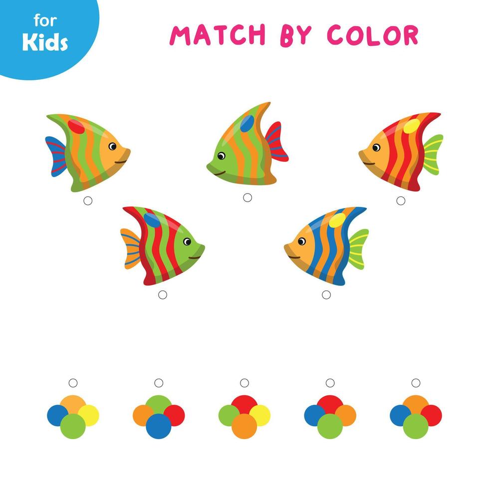 educativo gioco per bambini, incontro il colorato Pesci con il corrispondente colore. si sviluppa colore riconoscimento e accoppiamento abilità nel un' divertimento e interattivo modo. formazione scolastica di bambini. vettore