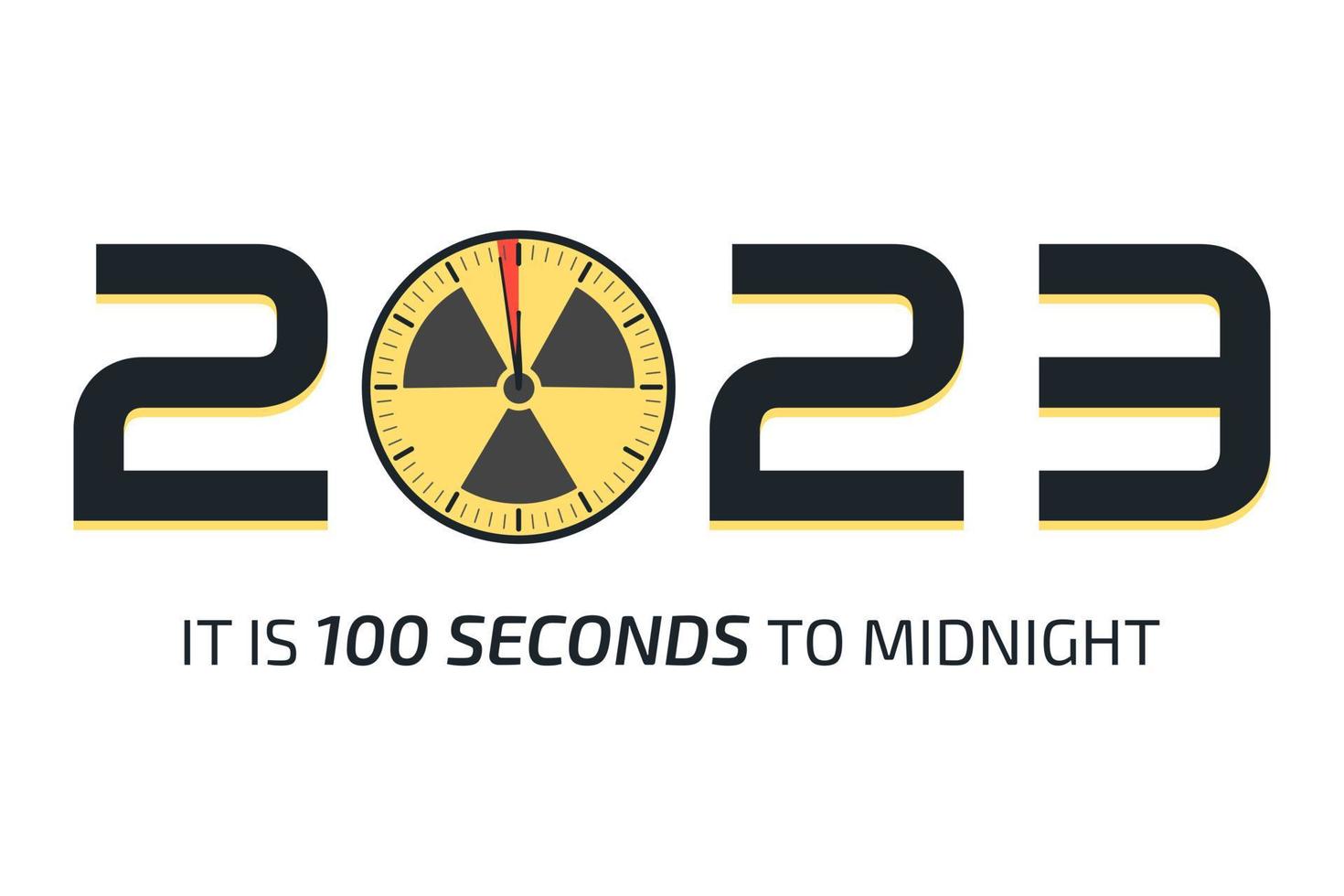 2023 manifesto con orologio e radiazione cartello. giorno del giudizio universale orologio. simbolo di globale catastrofe, apocalisse cartello. piatto vettore illustrazione.