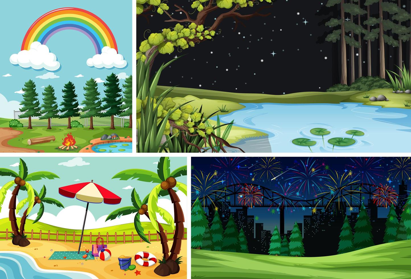 quattro diverse scene in natura in stile cartone animato vettore