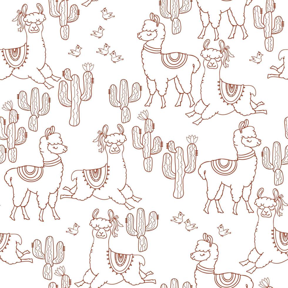 divertente alpaca animali, senza soluzione di continuità modello. schema lama, cactus, uccelli. vettore. vettore