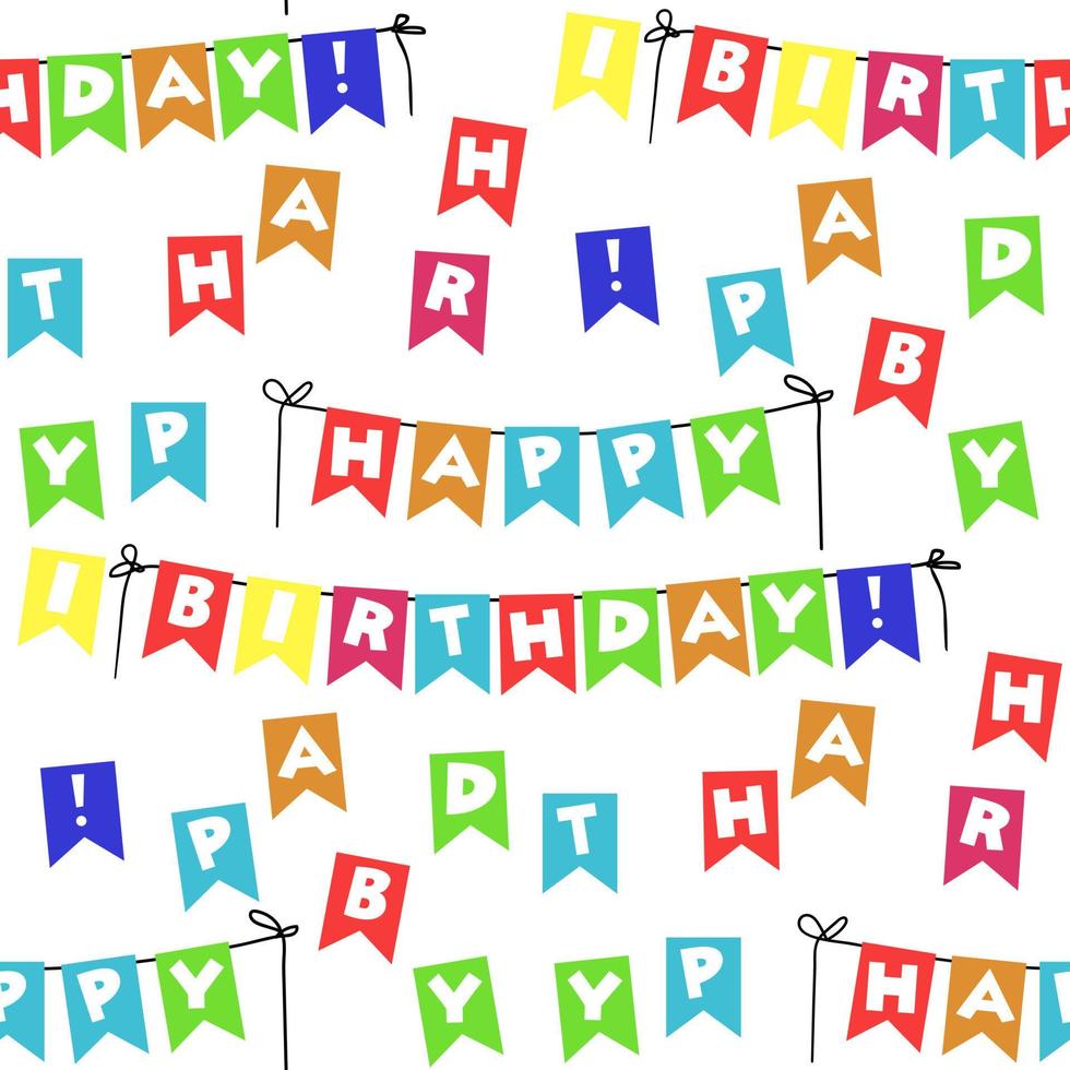 un' modello di compleanno bandiere con un' colorato font design. luminosa festivo lettere e il iscrizione su il corda contento compleanno nel un' dispersione. sfondo per vacanza regalo avvolgere, tessili. vettore