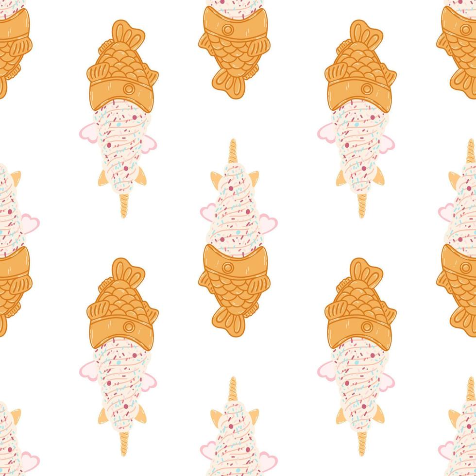 senza soluzione di continuità modello con taiyaki a forma di pesce ghiaccio crema cono nel cartone animato piatto stile. mano disegnato vettore sfondo con tradizionale giapponese cibo, dolce, dolce