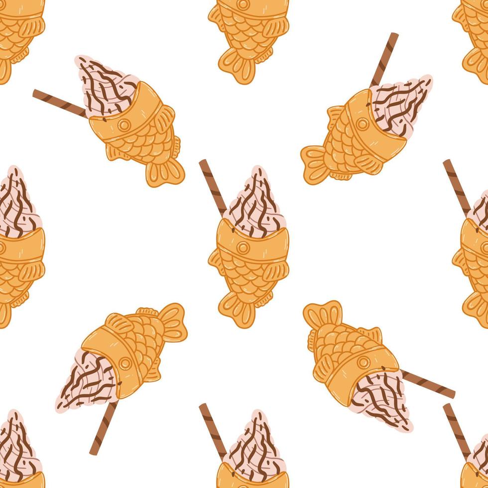 senza soluzione di continuità modello con taiyaki a forma di pesce ghiaccio crema cono nel cartone animato piatto stile. mano disegnato vettore sfondo con tradizionale giapponese cibo, dolce, dolce