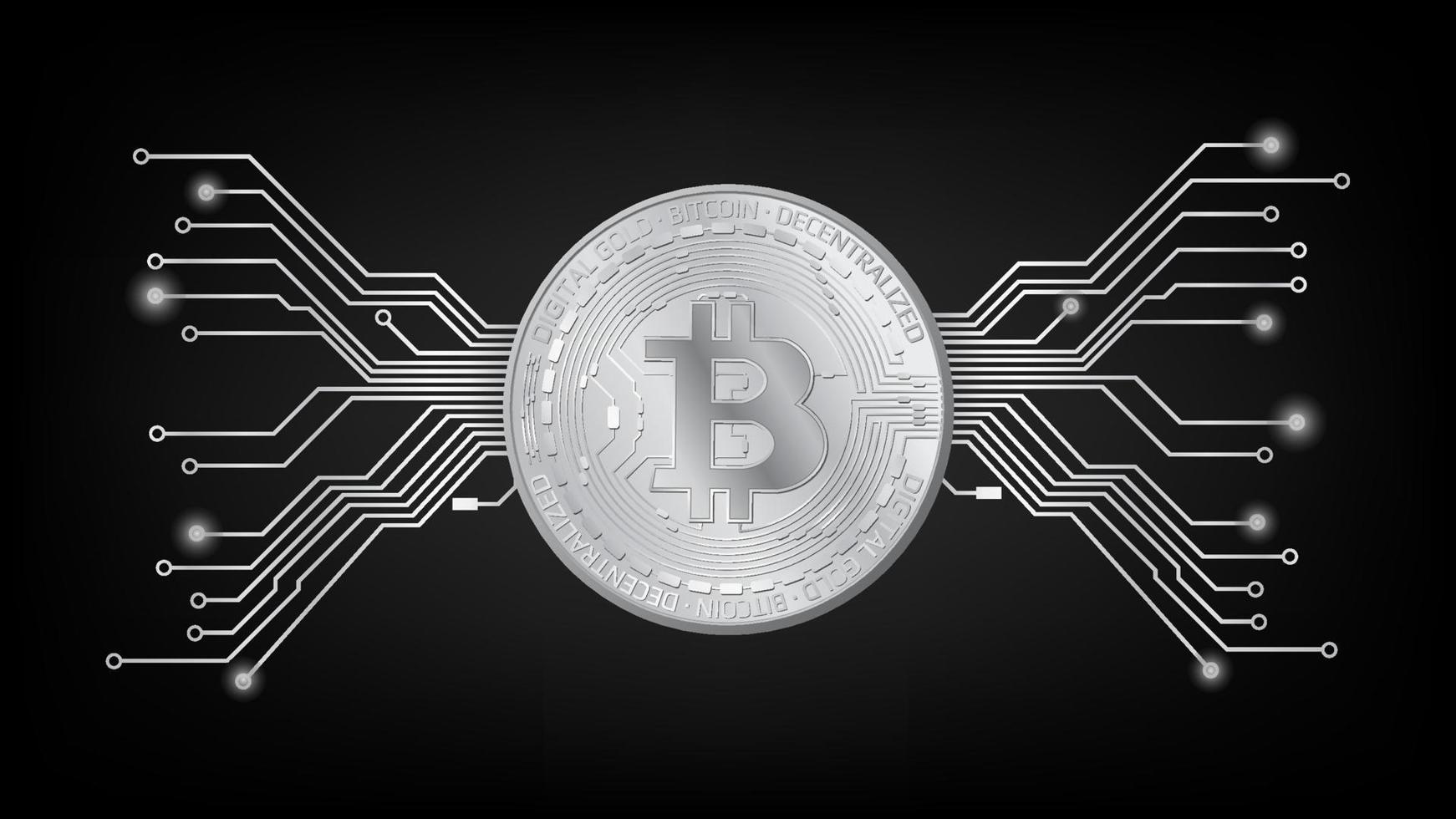 dettagliato oro moneta bitcoin BTC gettone con pcb brani nel nero e bianca su buio sfondo. digitale oro nel techno stile per sito web o striscione. vettore illustrazione.