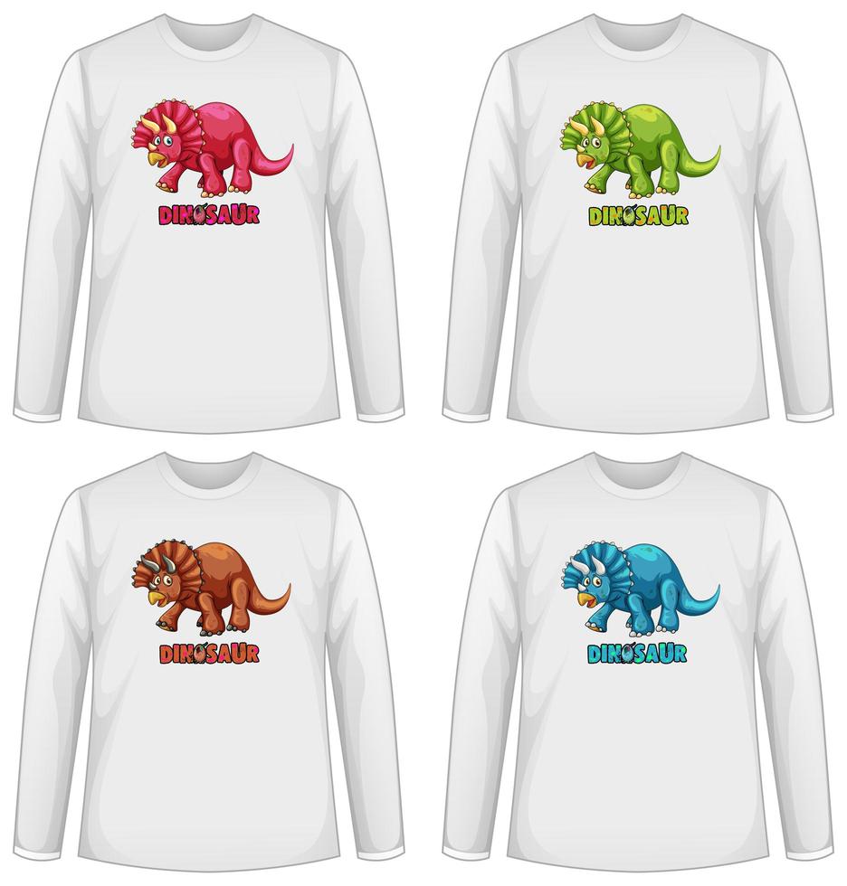 set di diversi schermi di dinosauro di colore su t-shirt a maniche lunghe vettore