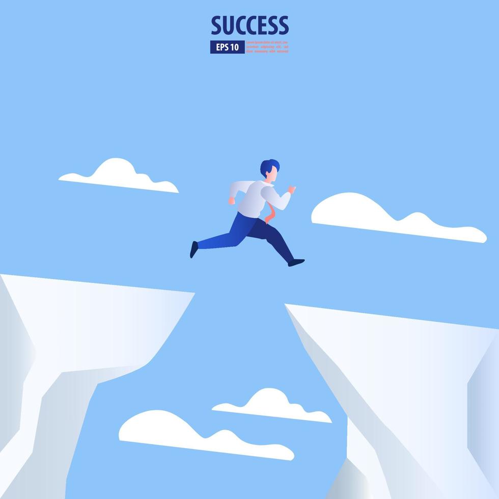 l'uomo d'affari salta attraverso gli ostacoli del divario tra la collina e il successo. concetto di rischio e successo aziendale. illustrazione vettoriale