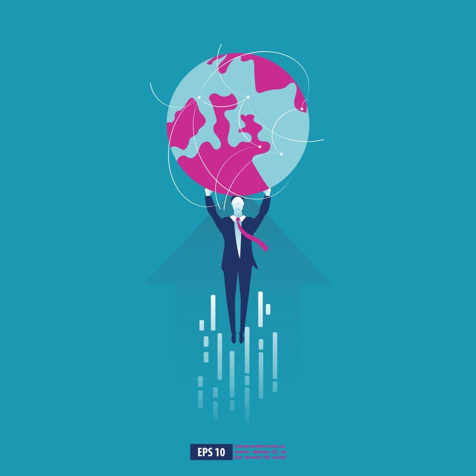 attività commerciale uomo volante Tenere mondo globo con freccia successo concetto. attività commerciale vettore illustrazione