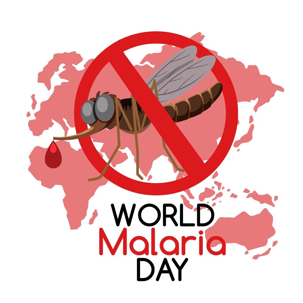 logo o banner della giornata mondiale della malaria senza zanzare sullo sfondo della mappa del mondo vettore