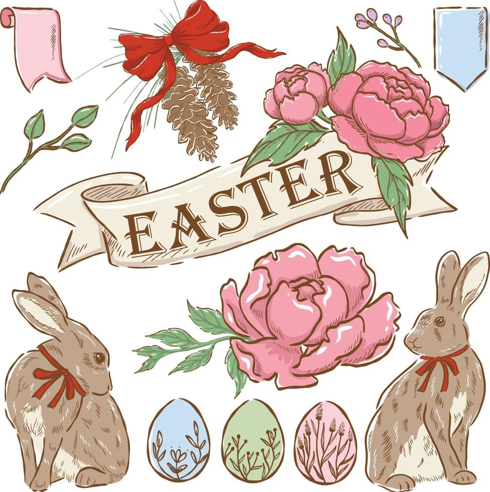 illustrazione mano disegnato coniglio, pasqua uovo, fiore Vintage ▾ stile vettore