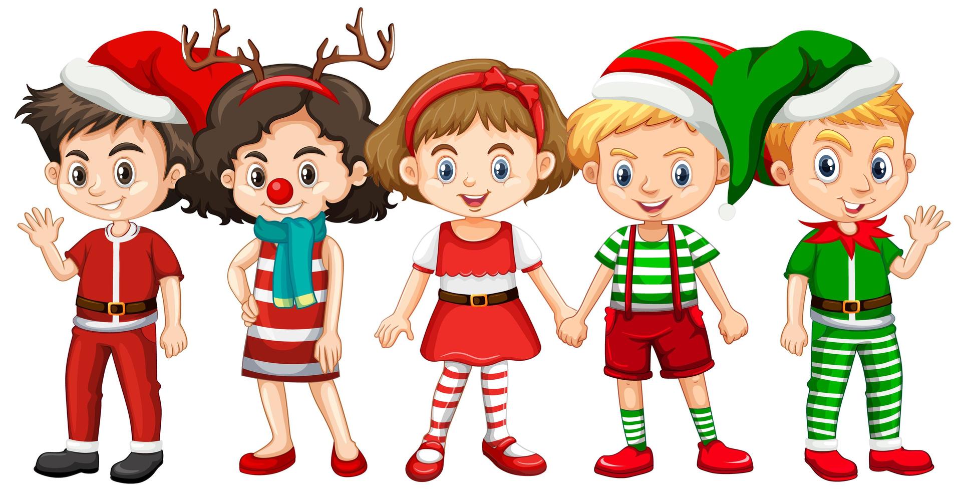 diversi bambini che indossano il personaggio dei cartoni animati di Natale costume vettore