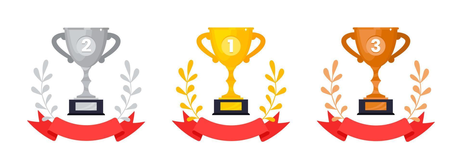 oro, argento e bronzo premio trofeo calice tazza impostato con ghirlanda le foglie icona cartello piatto stile design vettore illustrazione.