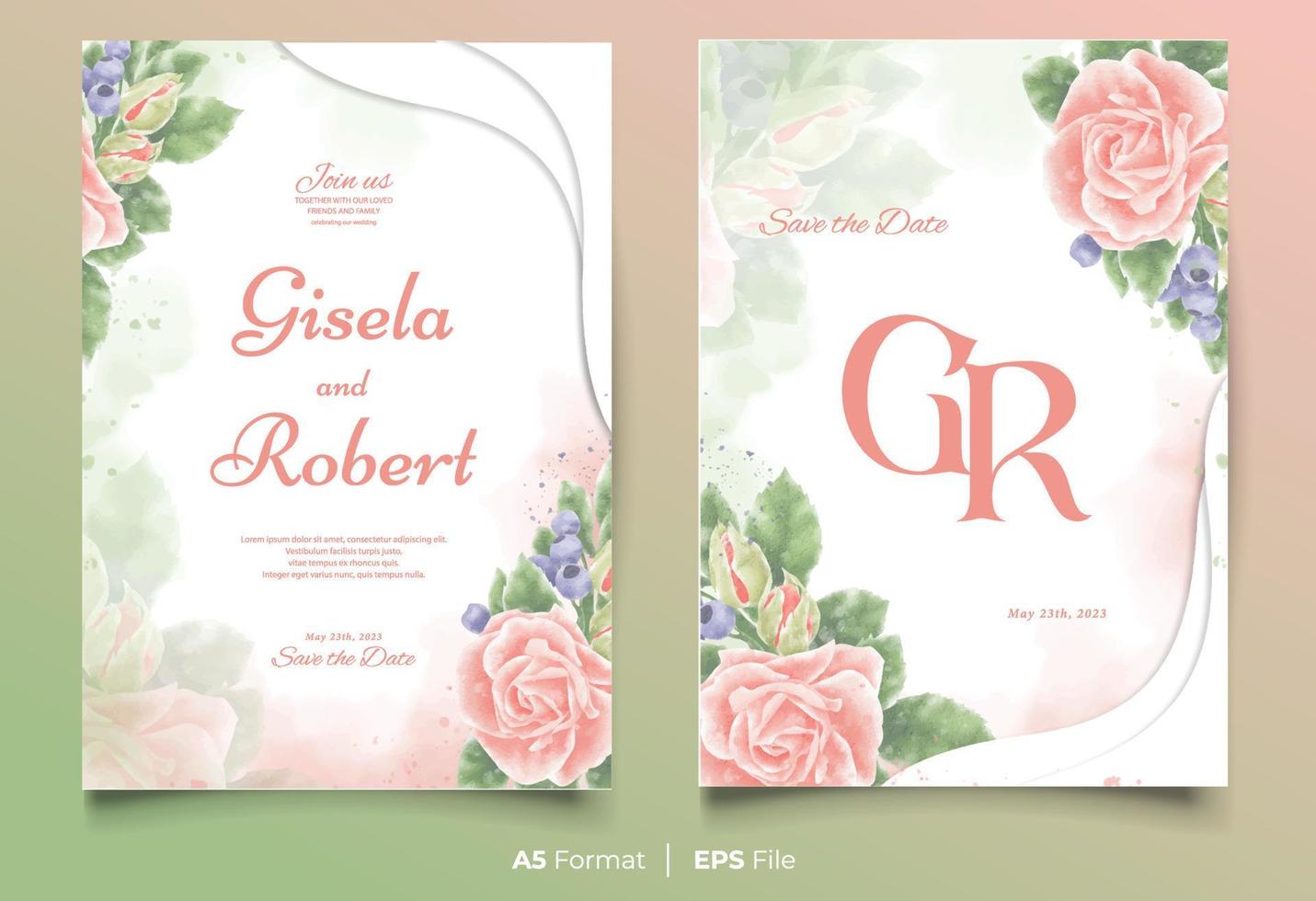 modello di invito a nozze ad acquerello con ornamento floreale rosa e verde vettore