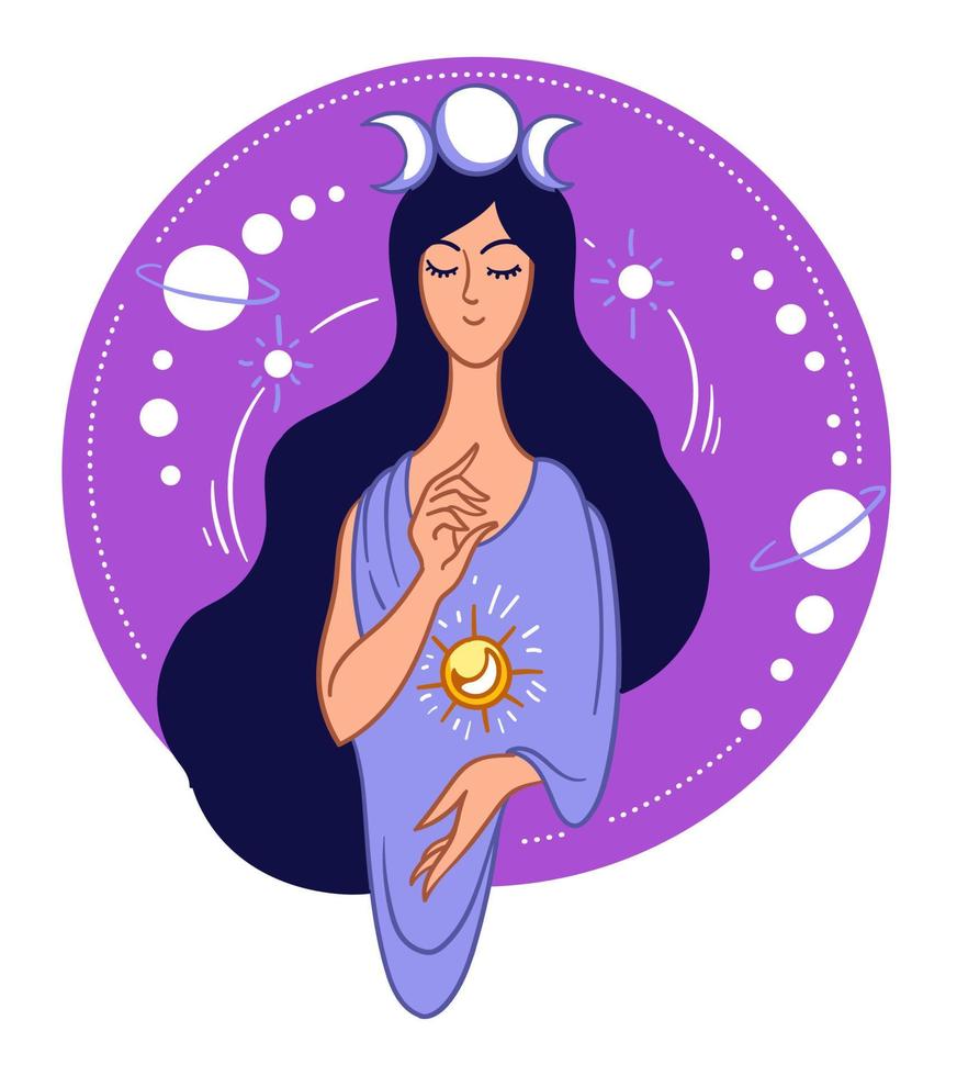 Magia e occulto, donna con Luna e sole simbolo vettore